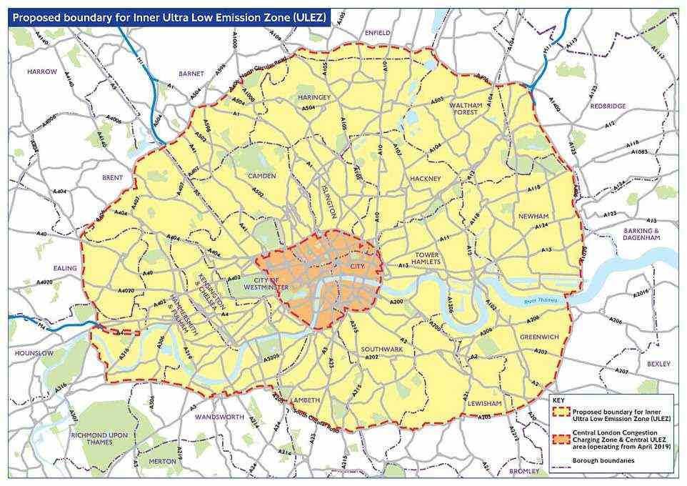 The orange area is the Ultra Low Emission Zone area as it has been since April 2019. From 25 October 2021, the ULEZ will cover the entire part of London in yellow, with the boundary running around the North and South Circular roads