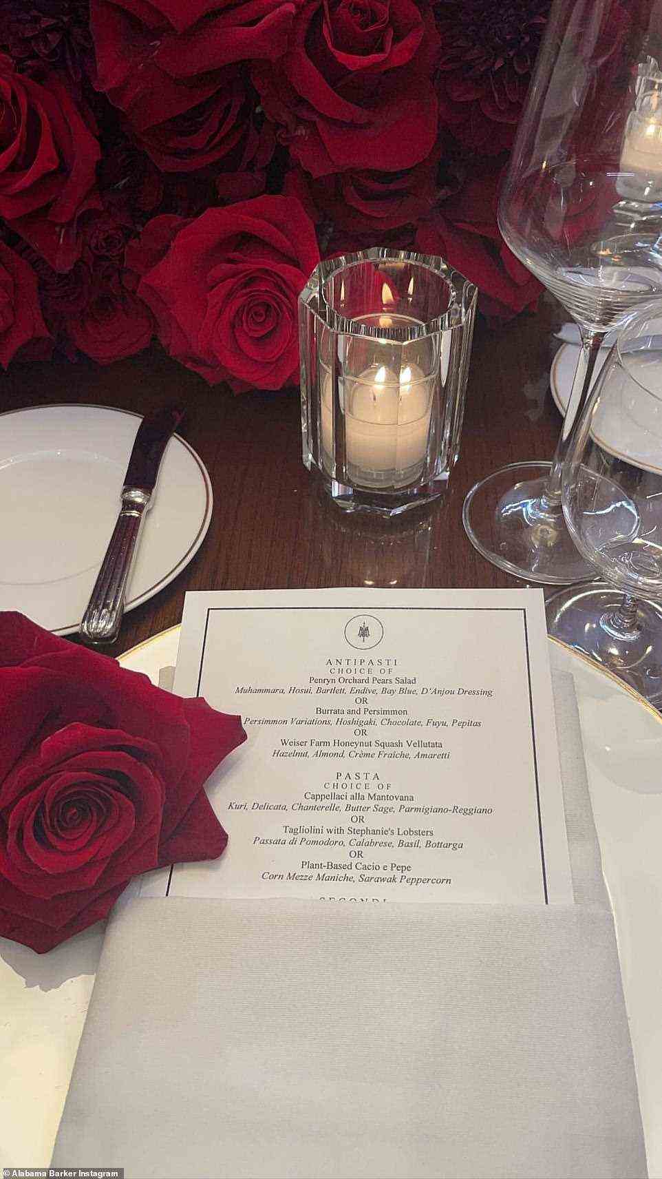 Menu: A close up look at the menu and tablescape for the engagement dinner was seen
