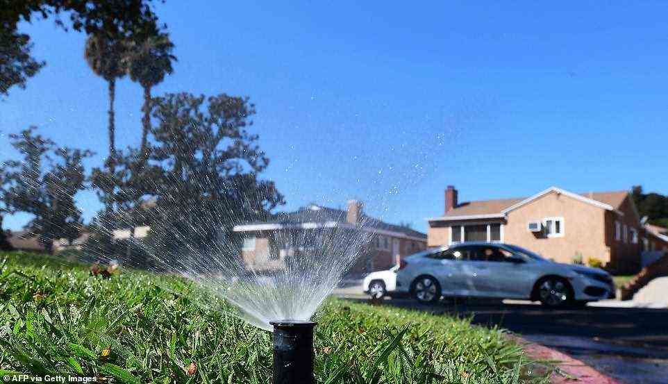 A sprinkler waters grass in Alhambra, California on September 23. California's drought has led to low water levels at state reservoirs - raising the possibility that lawmakers will enact restrictions on water usage
