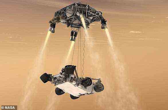 Diese Konzeptzeichnung zeigt die Landung des Mars 2020 Rovers auf dem Roten Planeten über das „Sky-Crane“-System der NASA
