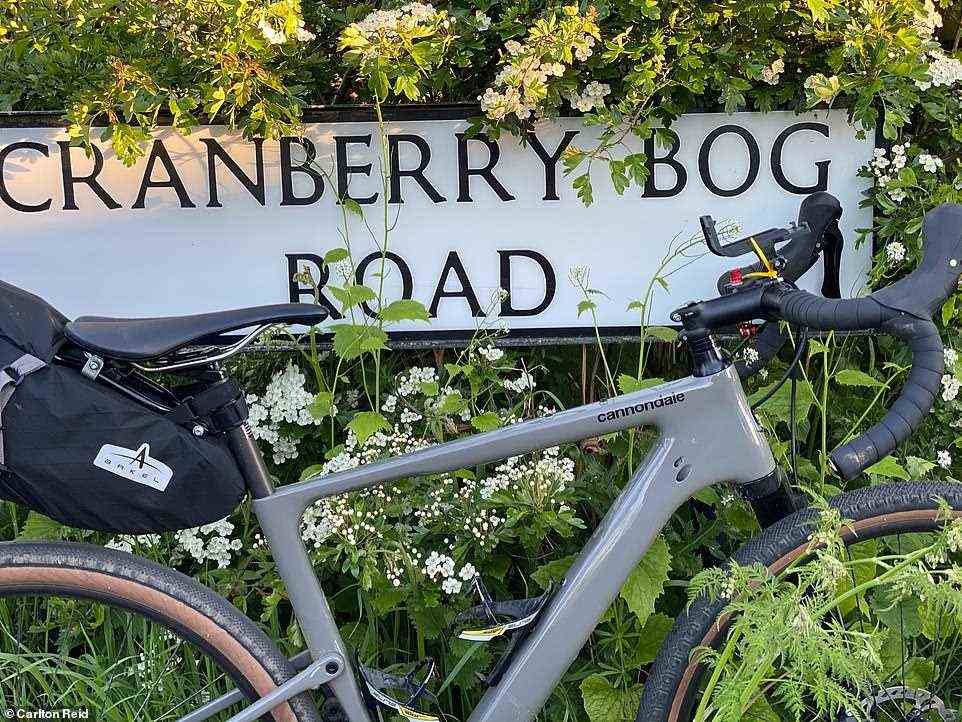 Carlton's Cannondale Topstone gravel bike by a sign for the quaintly-named Cranberry Bog Road, a minor road to Beamish museum, near High Urpeth