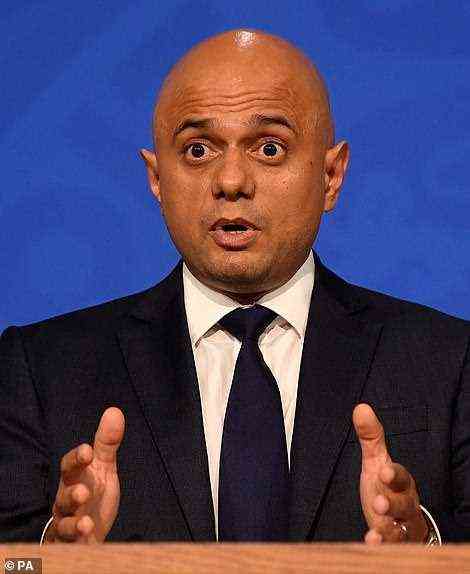 Sajid Javid (pictured during the Downing Street press conference yesterday evening), the Health Secretary, promised to speed up the vaccine drive and encourage more people to come forward