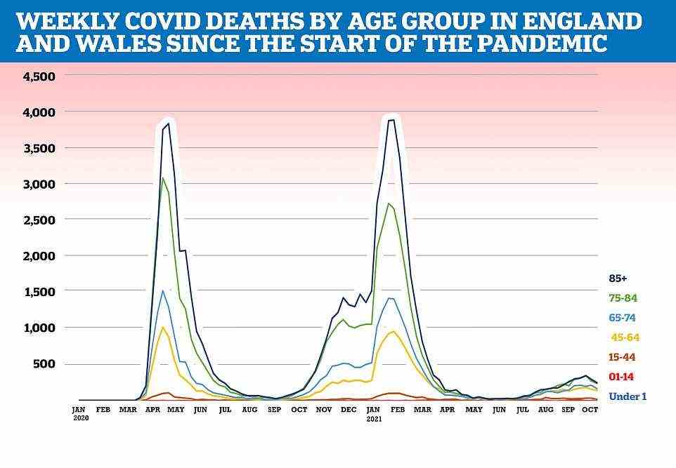 Die derzeitige Ungleichheit der Sterblichkeitsraten im Vergleich zu den Werten vor der Pandemie zwischen über 65- und unter 65-Jährigen kommt trotz der Tatsache, dass ältere Menschen die Hauptlast der Covid-Krise in Bezug auf die Zahl der Menschen, die an dem Virus sterben, zu spüren bekommen.  Diagramm zeigt: