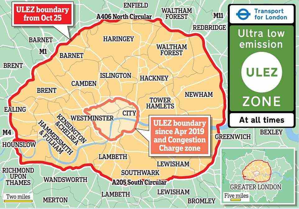 Cleaner capital: London's ULEZ has been expanded to 18 times its original size and now covers much of the capital within the boundaries of its outer ring roads