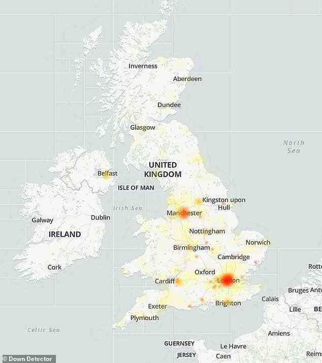 Diese Down Detector-Karte zeigt die Gebiete in Großbritannien, in denen HSBC-Kunden Probleme haben
