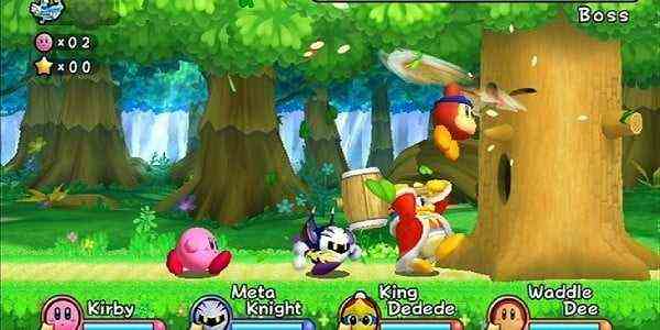 Kirby and his friends fighting the tree boss.