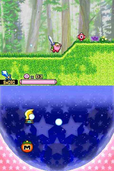 Kirby running in the grass with a sword.