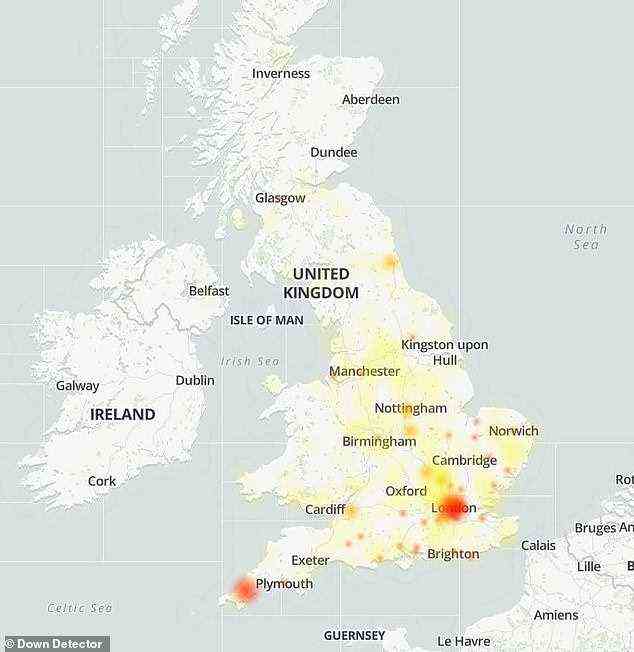 Die „Heatmap“ von Down Detector mit von Benutzern eingereichten Problemberichten zeigte, dass sich die betroffenen Kunden hauptsächlich in London und Plymouth befanden