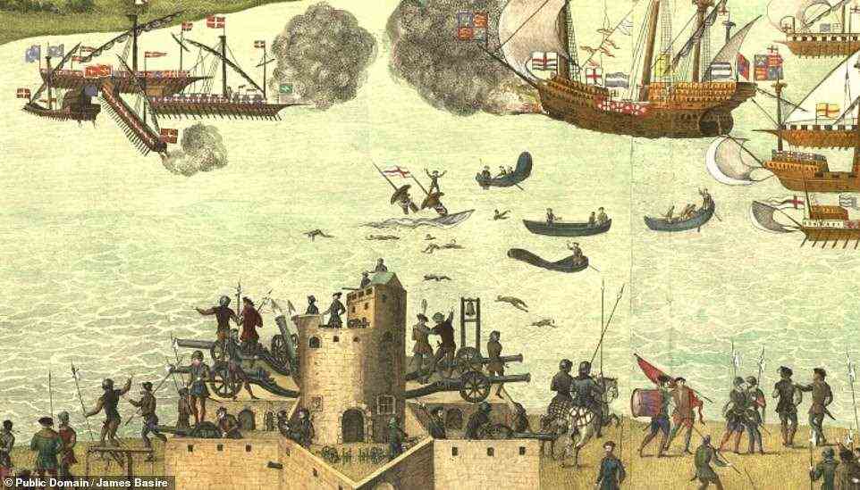 The four-masted, carrack-type vessel was salvaged in 1982, having spent some four centuries on the seabed of the Solent, off the coast of the Isle of Wight, where she sank on July 19, 1545 in a battle against the French fleet. Pictured: a section of the Cowdray Engraving showing, centre, the sinking Mary Rose. According to historians, that the vessel — which served for 33 years — had been extensively modified over time, and it is believe that she had gained so much additional weight in the form of cannons that the warship had become unstable. Executing a turn — and reportedly caught in a gust of wind — the ship tilted such that water was able to pour into her gunports, sinking her