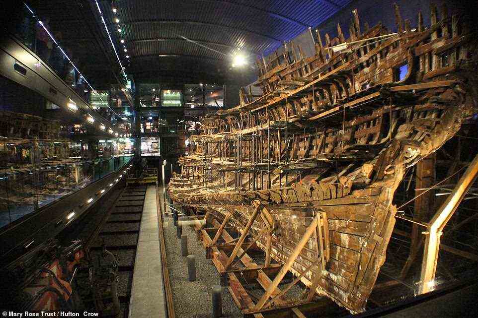 'It is remarkable that this technique at the ESRF allows us not only to image and locate these nanoparticles in Mary Rose wood, but also to evaluate their structure,' said paper author and functional nanomaterials expert Serena Cussen of the University of Sheffield. Pictured: the remains of the Mary Rose in its museum at the Portsmouth Historic Dockyard