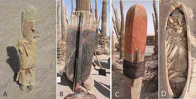 Im Bild: Grabbeigaben mit den Mumien ausgegraben, von denen viele in Bootssärgen gefunden wurden
