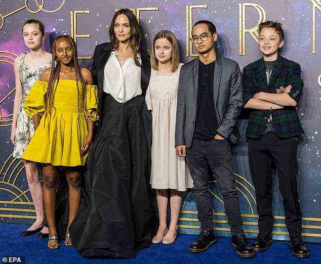 Family affair: Shiloh supported her mother Angelina, 46 - who appears in the film as as elite warrior Thena - with her siblings Zahara, 16, Vivienne, 13, Maddox, 20, and Knox, 13