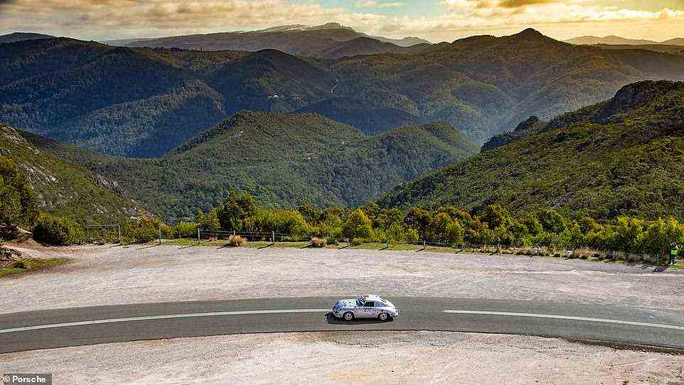 The car will soon have been raced on all seven continents. Here it is pictured taking part in the six-day 2018 Targa Tasmania Rally, which was a 2,000km event that became the second stage of the the Project 356 World Rally Tour