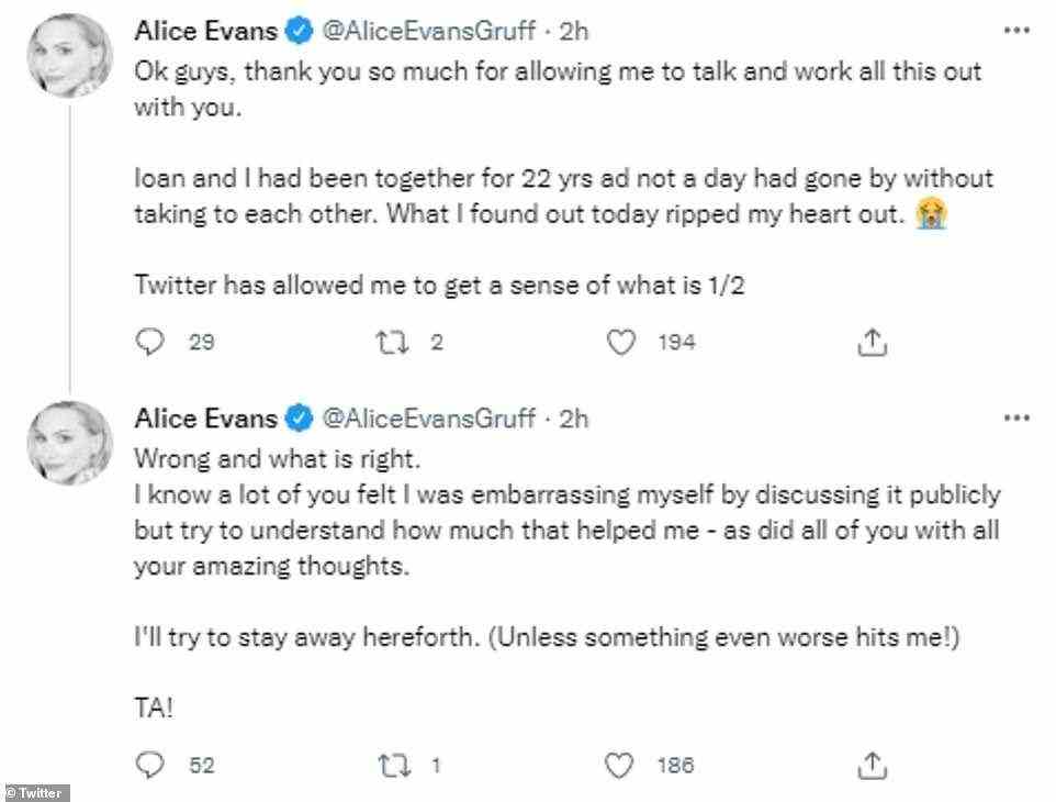 Promise: Following her tangent, she later took to Twitter to insist using a public platform to vent had 'helped her' despite claims she was 'embarrassing herself', before vowing to 'stay away herewith'