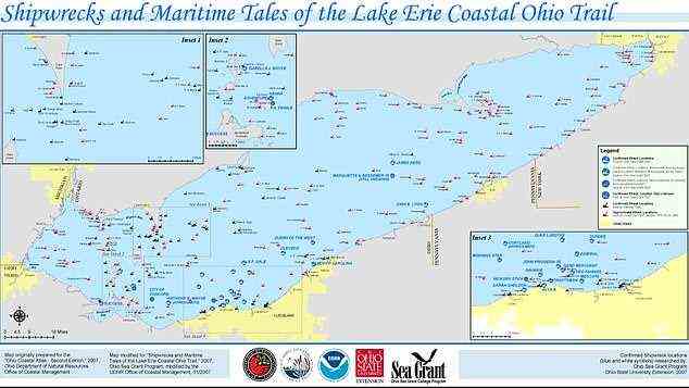 Die genaue Anzahl der Wracks im Eriesee ist nicht bekannt – sie könnten zwischen 500 und 2.500 liegen – aber Entdecker und Forscher konnten 277 versunkene Schiffe bestätigen.  Rot steht für ungefähre Wrackstandorte, während Schwarz für bestätigte Standorte steht