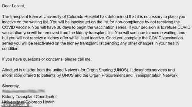 The UCHealth hospital denied Leilani Lutali the chance to get a new kidney because of her unvaccinated status. She is currently listed as inactive on the organ waitlist