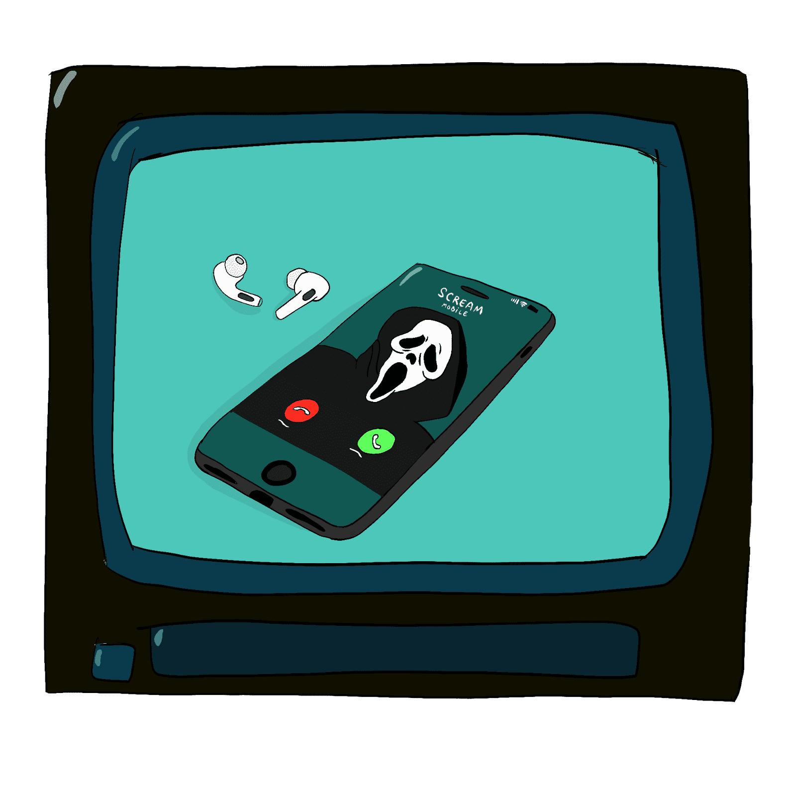 Handy-Bildschirm, der einen eingehenden Anruf des Schurken von Scream anzeigt.