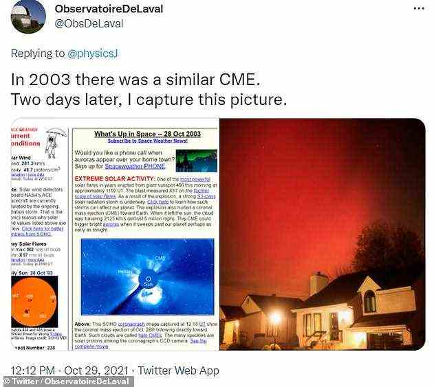 Der Twitter-Benutzer ObservatoireDeLaval teilte Bilder einer ähnlichen sogar, die am 28. Oktober 2003 stattfand. Berichten zufolge war es an diesem Morgen 