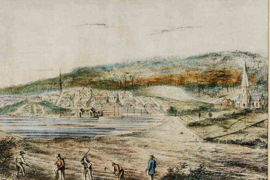 Port Arthur Strafanstalt, Tasmanien, zeigt Sträflinge im Jahr 1843. Farblithographie signiert 'RNN' (oder 'KNN')