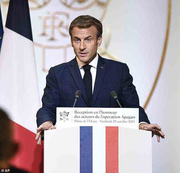 Asked about claims France is ready to disrupt trade over Christmas in the dispute, Mr Johnson said: ‘We will do whatever is necessary to ensure UK interests. But I haven’t heard that from our French friends. I would be surprised if they adopted that approach.’ (Pictured: Macron)