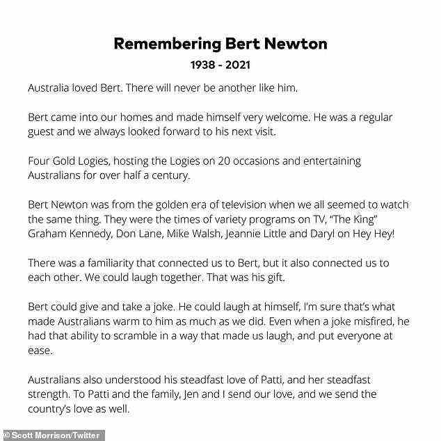Der größte Tribut kam von Premierminister Scott Morrison, der am Freitagabend kurz nach 23 Uhr in den sozialen Medien eine lange Erklärung über Newton veröffentlichte