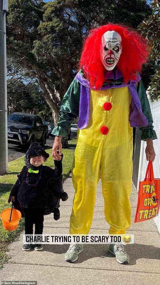Clowning around: Former Bachelor star Sam Wood transformed into a clown to go trick or treating alongside daughter Charlie