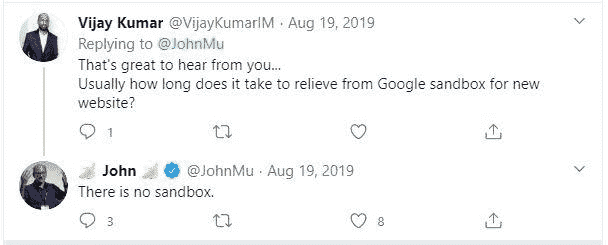 Tweet about Google sandbox myth.