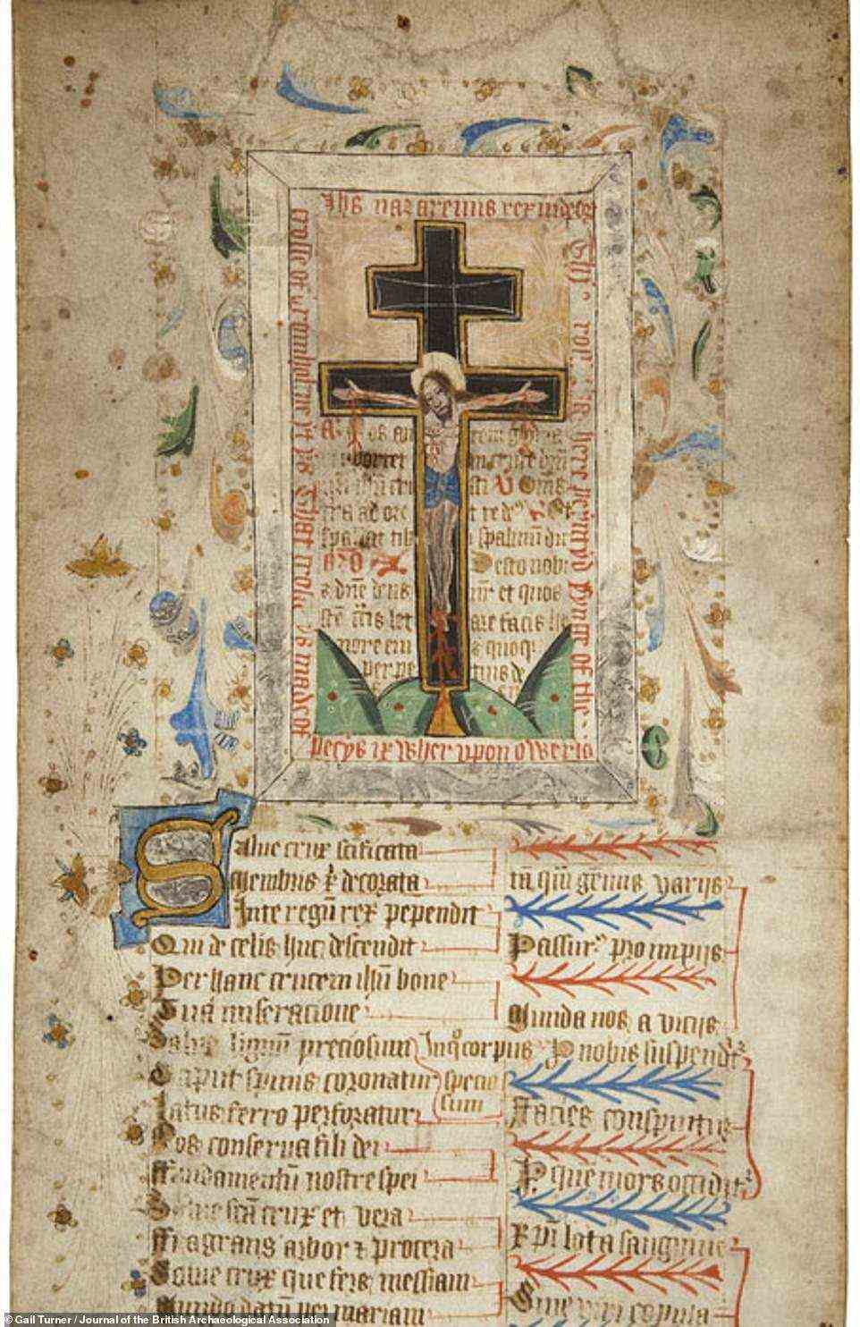 Ein Manuskript aus Tierhäuten beschreibt das Bromholmer Kreuz, das angeblich ein Stück vom Kreuz Jesu enthielt und in einem inzwischen verschwundenen Kloster in Norfolk aufbewahrt wurde