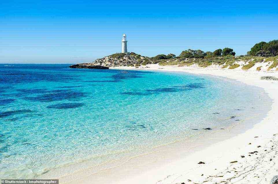 Abgebildet sind Pinky Beach und Bathurst Lighthouse auf Rottnest Island, das für seine Quokka-Selfies berühmt ist