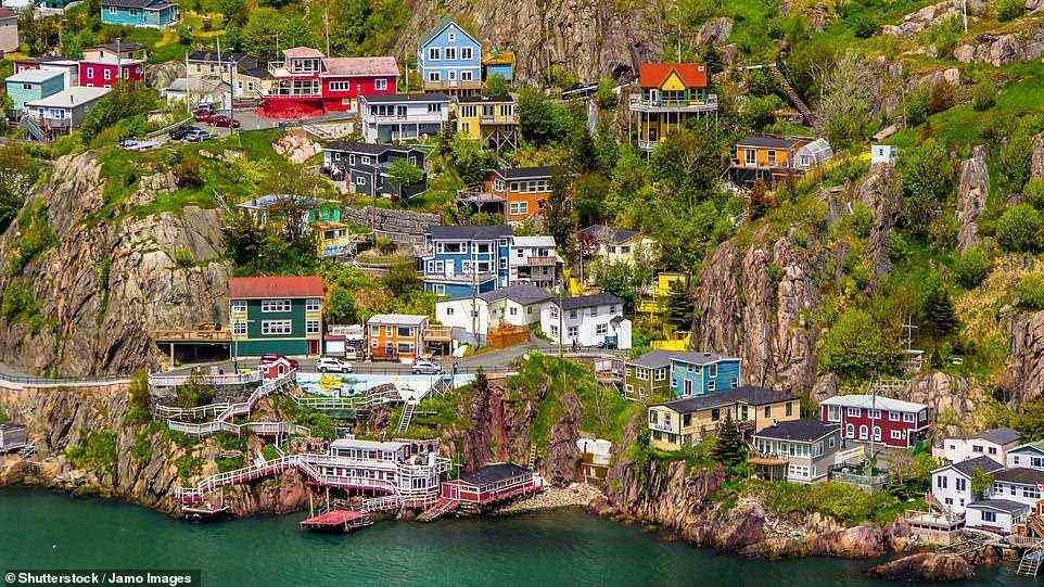 Colourful houses built on the rocky slope of Signal Hill in St. John's in the Newfoundland and Labrador province