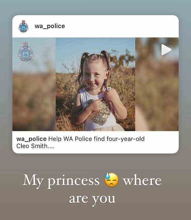 Cleos am Boden zerstörte Mutter hat ein Foto ihrer Tochter gepostet und ein von der Polizei von WA erstelltes Video markiert, um auf die Belohnung in Höhe von 1 Million US-Dollar aufmerksam zu machen, die jedem mit Informationen angeboten wird