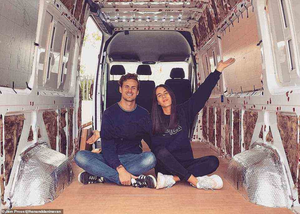Hannah Moore, 24, and Dan Spiers, 29, were paying £1,200 a month on rent and another £250 on bills while living in the capital. They are pictured in the early stages of van conversion