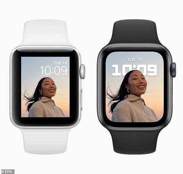 Die Apple Watch Series 7 (rechts), obwohl sie mit neuen Funktionen ausgestattet ist, hat ein neues Aussehen von ihrem Vorgänger mit schmalen Rändern um das Gesicht, die eine nahezu vollständige Anzeige ermöglichen – und damit 20 Prozent größer als die Series 6 (links).