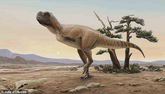 Forscher haben eine neue Dinosaurierart entdeckt, die 5 m lang war und vor 70 Millionen Jahren durch Brasilien streifte.  Das Raubtier (im Bild) wurde Kurupi itaata . genannt