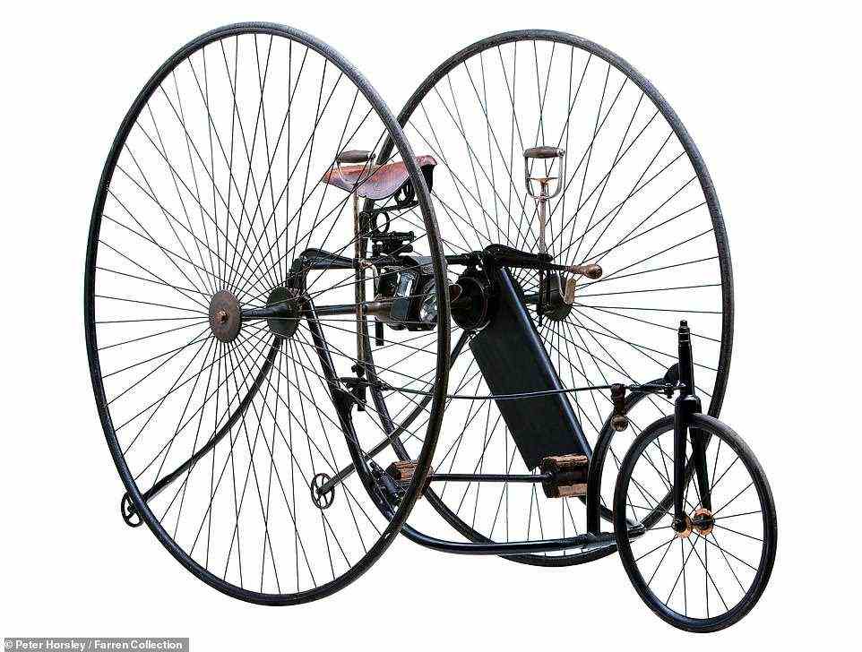 This is a Loop frame Tricycle dating to 1882 and made by the National Arms & Ammunition Co., Coventry. Mr Farren revealed: 'The loop frame tricycle was one of the more popular designs made during the early 1880s. It is similar to The Salvo tricycle, a model Queen Victoria purchased from James Starley [an English inventor credited with being the father of the bicycle industry]. In fact, illustrations show her riding it around her estate. There were a dozen major tricycle designs and hundreds of minor variations on offer at this time.' Mr Farren added that National Arms & Ammunition switched from armaments to bicycle production during the boom in riding at the time and changed its name to Sparkbrook, after the district of Coventry
