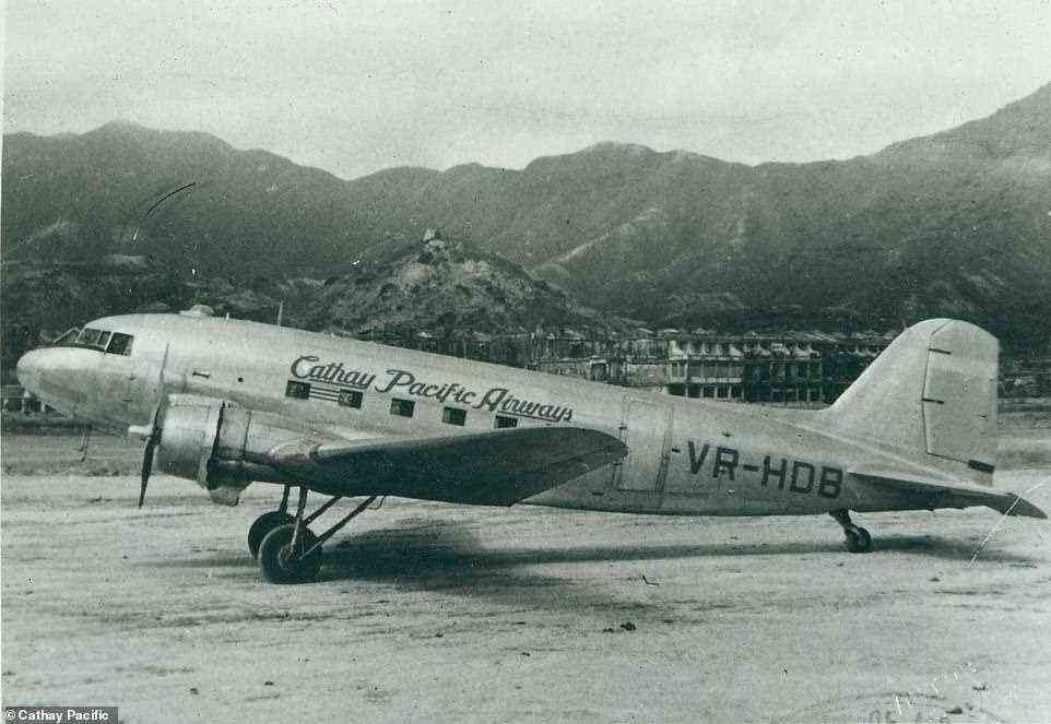 In 1946, the Cathay Pacific inaugural flight between Sydney and Hong Kong was performed by the airline’s first aircraft, a DC3 propeller plane with the registration VR-HDB (pictured at some point in the 1950s), affectionately known as Betsy