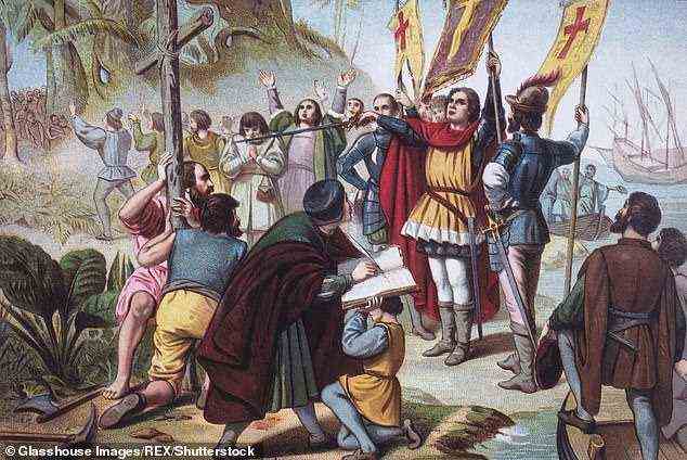 Italienische Seeleute wussten über Amerika 150 Jahre bevor Christoph Kolumbus den Kontinent entdeckte, behaupteten Forscher.  Im Bild: Colombus, der die Neue Welt in San Salvador in Besitz nimmt, um 1492