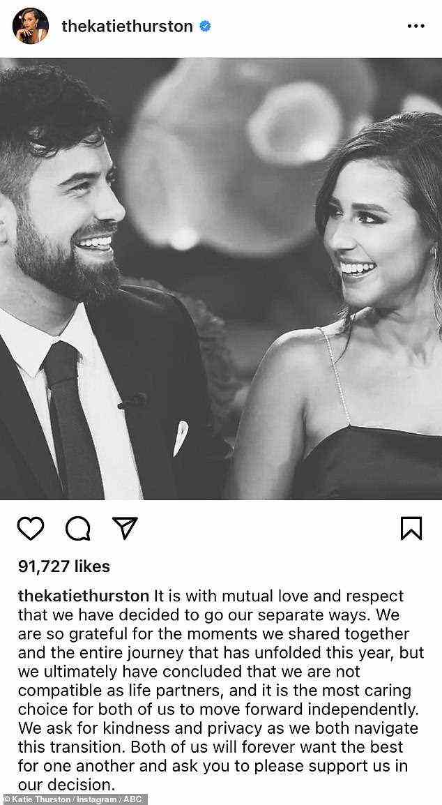 Es ist vorbei!  Katie Thurston und Blake Moynes von der Bachelorette gaben bekannt, dass sie sich nur drei Monate nach der Ausstrahlung ihrer Wirbelwind-Verlobung in Staffel 17 trennen