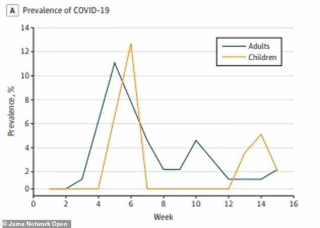 Erwachsene und Kinder infizierten sich während des Studienzeitraums fast gleich häufig mit COVID-19, obwohl die Wahrscheinlichkeit, dass Kinder einen asymptomatischen Fall hatten, fast viermal so hoch war (oben).