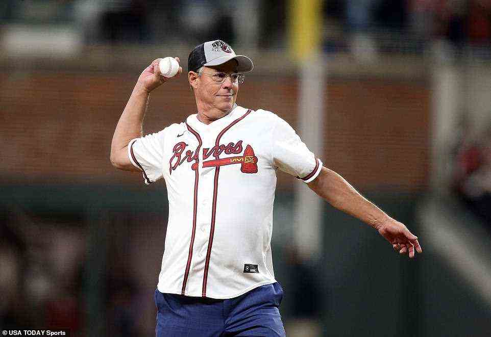 Hall of Famer Greg Maddux threw out the ceremonial first pitch earlier in the evening. Maddux, wearing his Braves jersey, tipped his cap in response to an ovation from fans as he walked onto the field. Fittingly, he threw the pitch to Eddie Perez, who was often his designated catcher