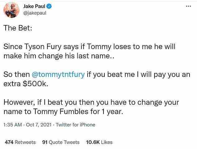 Paul hat die Wette getwittert, bevor Fury der Bedingung vor der Kampfansage zugestimmt hat