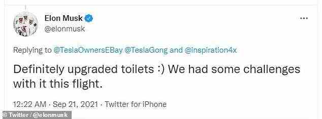 Nach dem Inspiration 4-Flug twitterte SpaceX-CEO Elon Musk, dass auf jeden Fall verbesserte Toiletten benötigt würden.  Er fügte hinzu: 