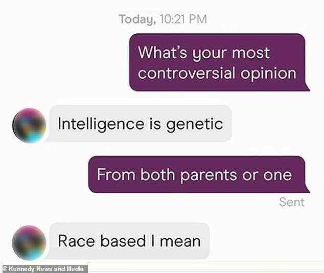 Eines von Amandas Matches sagte ihr, dass er glaubt, dass Intelligenz auf Rasse und Genetik basiert, abgebildet