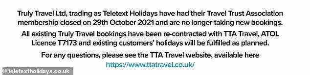 Teletext Holidays hat diesen Hinweis auf seiner Website veröffentlicht, um mitzuteilen, dass keine neuen Buchungen mehr angenommen werden