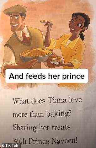In a 'Princess and the Frog' book, Tianna originally baked her prince a cake. But the father felt she shouldn't have to cook for him, and decided to change things up