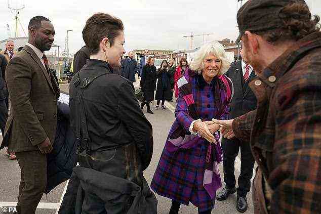 Camilla confessed she was a ‘huge fan’ as she arrived at Shoreham Port and was greeted on arrival by the cast