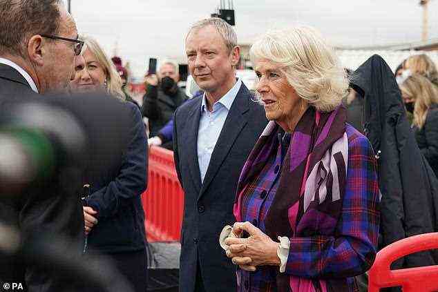 The Duchess of Cornwall meets cast members during her visit to the set of ITV's adaptation of The Roy Grace series