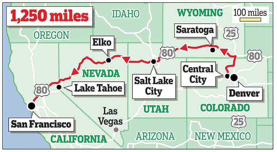 Auf die Autobahn: Die obige Karte zeigt die 1.250-Meilen-Route, die durch fünf Bundesstaaten führt