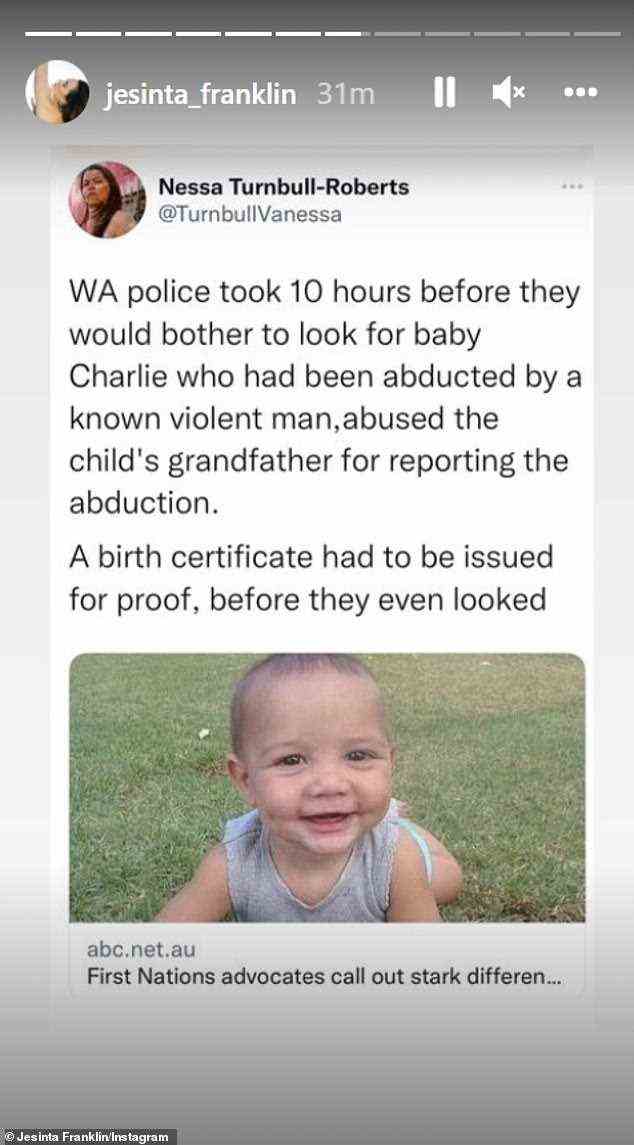 Important case: She also highlighted the case of 10-month-old Indigenous baby Charlie Boy Mullaley who was tortured and killed in Western Australia in 2013, after being kidnapped by his mother's ex partner. The response of the police in that case has been heavily criticised