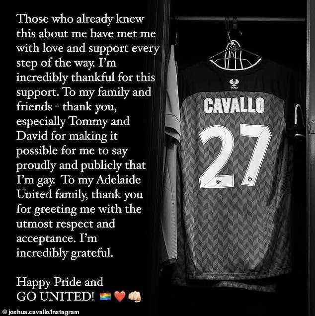 In einer vierteiligen Instagram-Erklärung (oben abgebildet) sagte Cavallo: „Ich bin stolz, öffentlich bekannt geben zu können, dass ich schwul bin.“